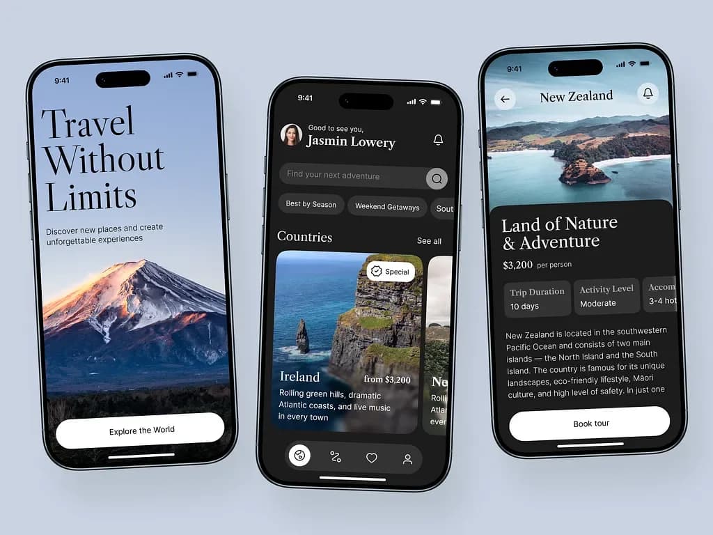 Travel app screens