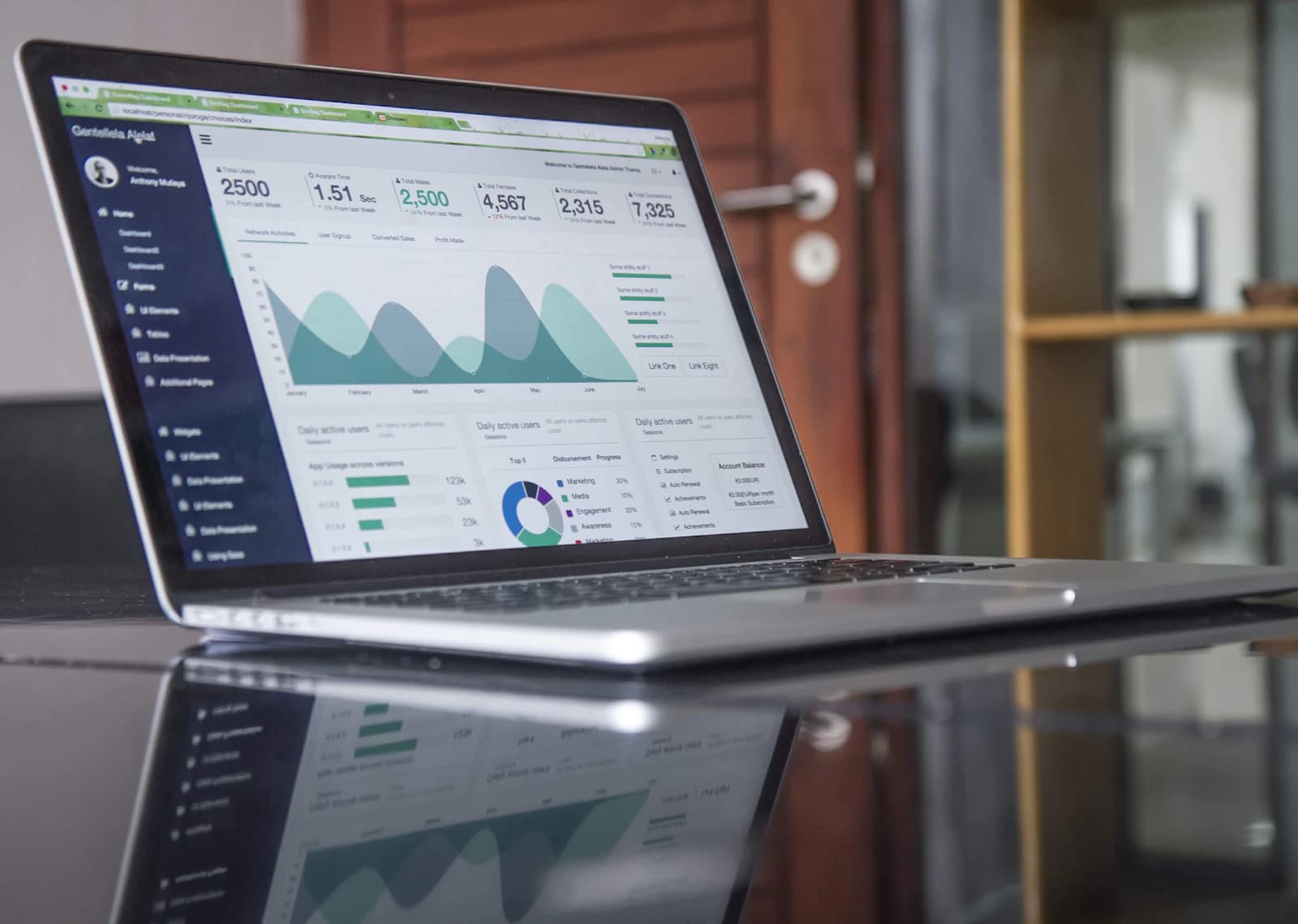 Laptop on a glass table displaying a website analytics dashboard