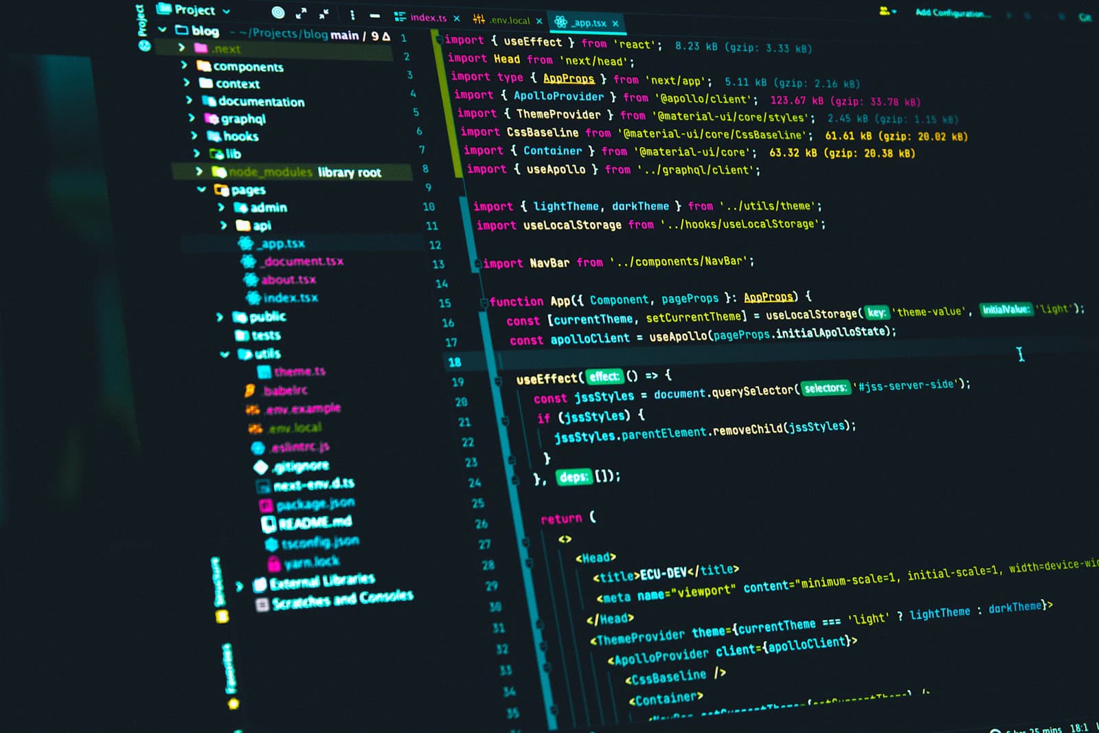 Code editor showing a React and Next.js project with colourful syntax highlighting