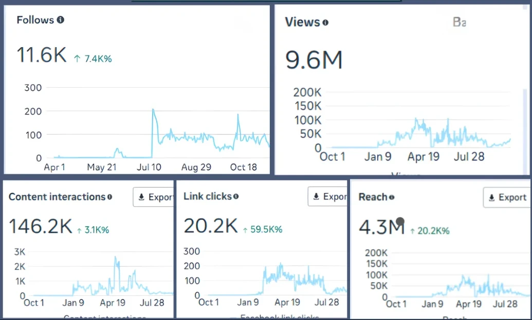 Meta insights charts for follows, views, content interactions, link clicks and reach