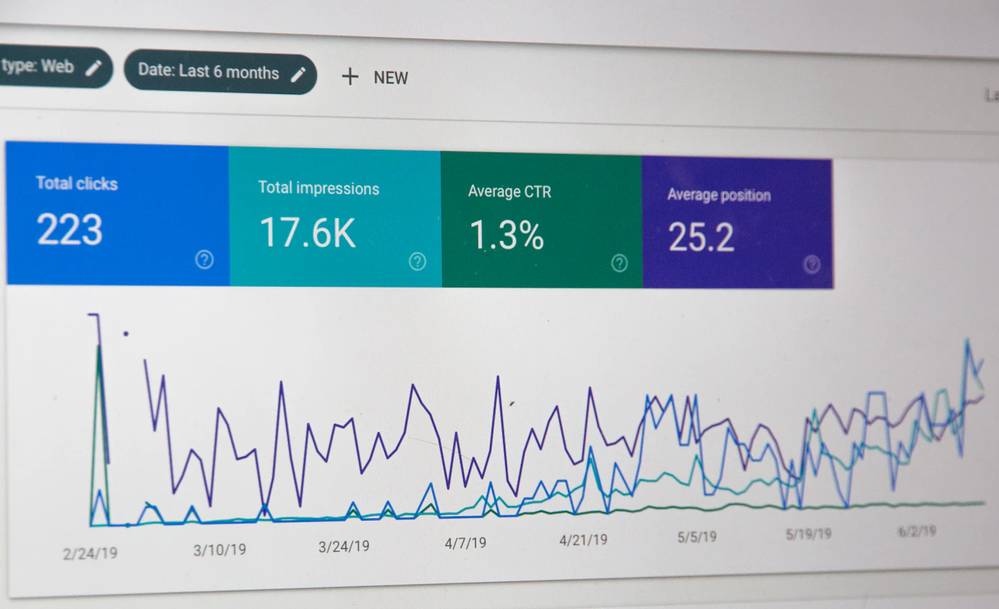 Search performance dashboard showing clicks, impressions, click-through rate and a line chart over six months