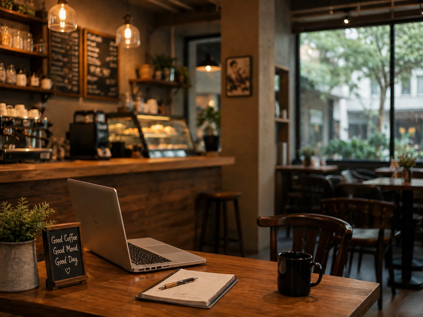 Laptop, notebook and coffee mug on a wooden table in a quiet cafe
